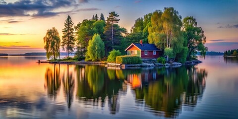 Obraz premium Idyllic Finnish Island Landscape with Quaint Cottage on a Summer Day in Low Light