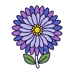 Fototapeta premium Stylized purple aster flower icon, blooming chrysanthemum vector illustration, decorative floral element with green leaves and yellow center