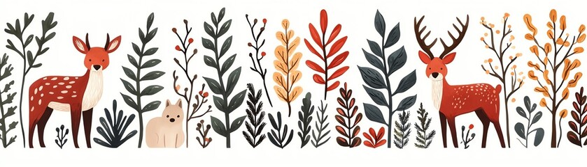 A whimsical forest scene featuring deer, a dog, and colorful foliage, perfect for nature-themed designs and projects.