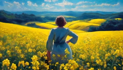 Fototapeta premium A woman is standing in a field of Blooming rapeseed