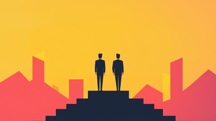 Two silhouettes stand on a pedestal at sunset, symbolizing leadership and ambition against a vibrant urban backdrop.