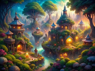 Fototapeta premium Isometric Fantasy World in Low Light Photography - Enchanted Landscapes and Magical Creatures