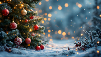 A decorated Christmas tree stands in a snowy forest, adorned with twinkling lights and red and gold ornaments. The soft, white snow blankets the ground, creating a magical winter wonderland.