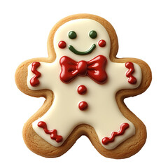 Naklejka premium Gingerbread man cookie PNG. Classic holiday cookie with festive red and green icing accents on buttons and edges. Christmas gingerbread man top view PNG. Gingerbread man cookie flat lay isolated