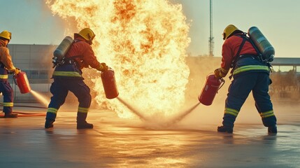 Obraz premium Firefighters Extinguishing a Large Fire With Fire Extinguishers