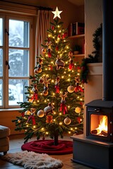 The Christmas tree, decorated with straw billy goats, red ribbons and white toys, glows warmly in a cozy room with a wood stove and snowy landscape outside the window