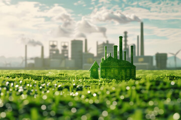 sustainable green factory symbol on airy meadow, showcasing eco efficiency