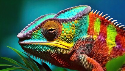 Obraz premium Vividly Colored Chameleon Changes Colors- An Extraordinary Demonstration of Nature's Flex