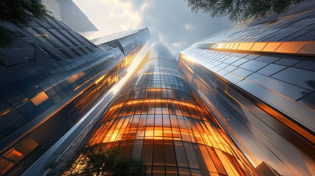 Low angle view of modern skyscrapers in a city, with the sun shining brightly on the buildings.