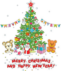 Greeting card with a Christmas fir tree festively decorated with funny holiday toys, colorful balls, sweets and garlands, vector cartoon illustration isolated on a white background
