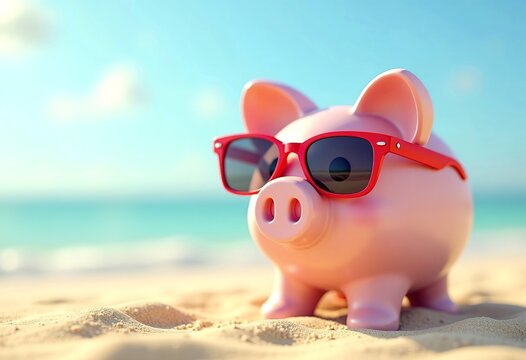 piggybank with red sunglasses on the beach