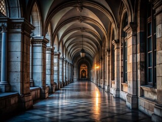 Obraz premium Long Outdoor Corridor with Stone Arches in Medieval Lisbon Architecture for Travel Enthusiasts