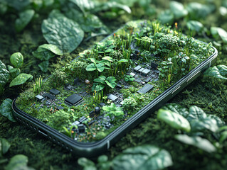 a smartphone covered in moss, surrounded by a dense carpet of green plants, giving a sense of being in a lush, natural environment.