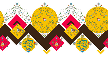 Vector vintage geometry decoration; ornate seamless border, frame for design template. Oriental style element. Luxury floral zigzag pattern, vignette. Ornamental illustration for invite, card, packing