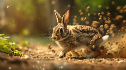 Fototapeta premium Rabbit in Motion Amidst Dust and Nature