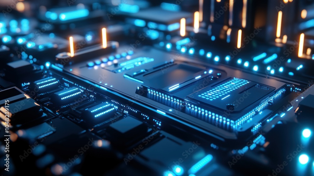 Poster Close-up of a Blue Illuminated Circuit Board with a Central Processor