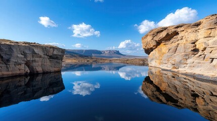 Lake surrounded by volcanic rock formations, still water reflecting the rugged terrain, volcanic lake, dramatic landscape