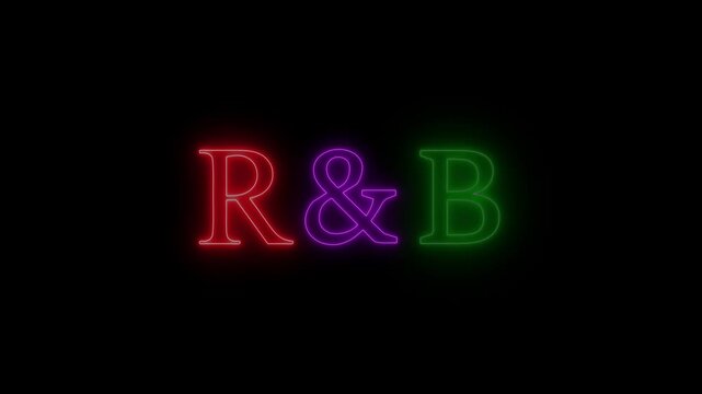 R&B Rhythm and blues neon symbol black background. Entertainment Rhythm and blues music event. abstract seamless and loop concept. flying through the tunnel animation.