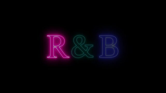 R&B Rhythm and blues neon symbol black background. Entertainment Rhythm and blues music event. abstract seamless and loop concept. flying through the tunnel animation.