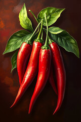 A digital artwork of a bunch of red chili peppers with green leaves