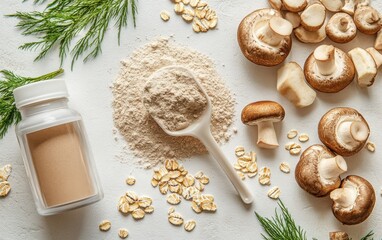Beta Glucan Powder: A vibrant display of beta glucan powder in a scoop, next to a clear bottle, with oats, mushrooms, and a healthy breakfast bowl arranged around it. 