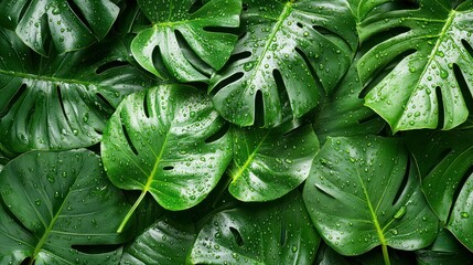 Lush Green Monstera Leaves Covered in Dew Drops