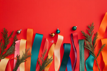 Flat lay showcasing an assortment of holiday ribbons with varying textures and patterns.