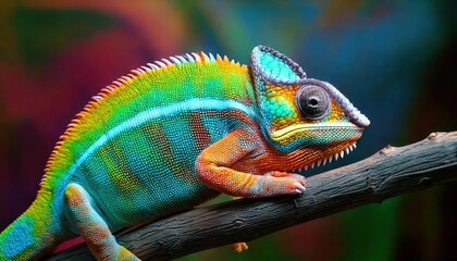 Obraz premium Vividly Colored Chameleon Changes Colors- An Extraordinary Demonstration of Nature's Flex