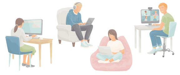 School-age boys and girls sitting at a computer and laptop at home
