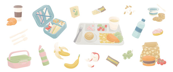 school cantine nutrition set, food tray, lunchbox, burger, fruits, drinks, snacks