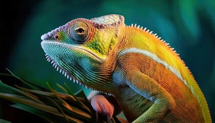 Fototapeta premium Vividly Colored Chameleon Changes Colors- An Extraordinary Demonstration of Nature's Flex