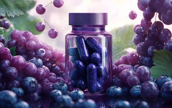 Pterostilbene Supplements: A vibrant display of pterostilbene capsules in a clear bottle, surrounded by blueberries, grape extracts, and a backdrop of health-conscious living. 