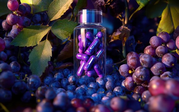 Pterostilbene Supplements: A vibrant display of pterostilbene capsules in a clear bottle, surrounded by blueberries, grape extracts, and a backdrop of health-conscious living. 