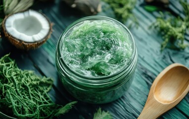 Sea Moss Gel: A close-up view of sea moss gel in a clear jar, alongside fresh sea moss, smoothies, and health-focused ingredients like coconut milk and fruits. 
