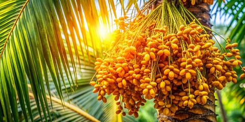 Macro Photography of Golden Dates on Palm Tree in Sunlit Foliage