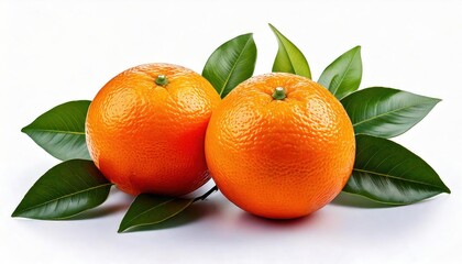 Close-up of two fresh oranges with green leaves, showcasing natural texture and vibrant 
