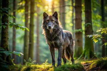 Obraz premium Majestic Black Wolf in Enchanted Forest - Captivating Wildlife Scene for Nature Lovers and Stock Photo Enthusiasts