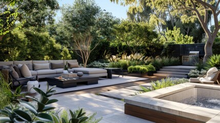 Modern Patio with Sectional Sofa, Hot Tub, and Lush Greenery