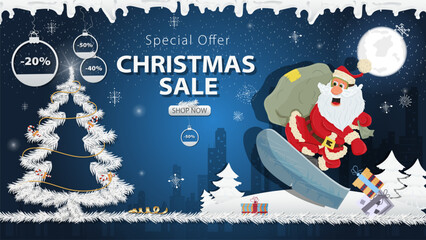 Naklejka premium Banner special offer Christmas sale Santa Claus with a bag of gifts next to a festive fir tree in the snow