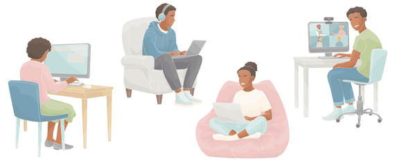 African American School-age boys and girls sitting at a computer and laptop at home