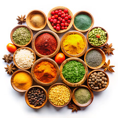 spices and herbs. food, spice, pepper, ingredient, spices, curry, herb, chili, paprika, red, bowl, spicy, dry, seed, cooking, seasoning, market, healthy, powder, white, herbs, india, isolated, cinnamo