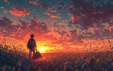 Obraz premium Silhouette of a person watching sunset over a field