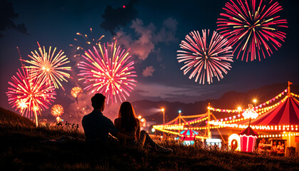 Romantic Couple Watching Colorful Fireworks Under a Starry Night Sky,A romantic couple sits together on grass, watching a stunning display of colorful fireworks
