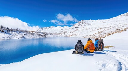 Group of hikers enjoying a snowy mountain lake view.