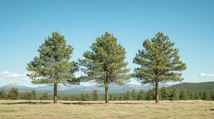 Obraz premium Three pine trees stand tall in a field with mountains in the background.