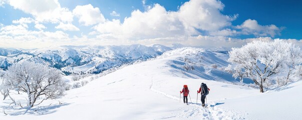Hikers trekking through snowy mountains under a blue sky.