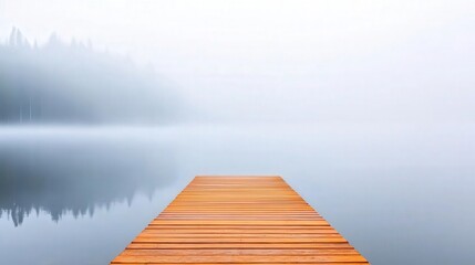 Fototapeta premium Misty morning by a calm lake with a lone wooden pier, surrounded by dense fog, foggy lake, solitude in nature