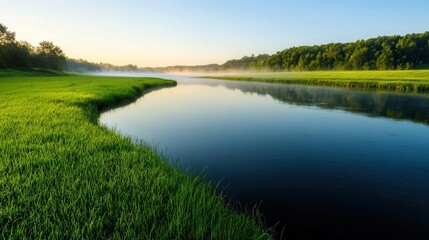 Morning light illuminating a misty river, with dewcovered grass along the riverbanks, misty river, morning calm
