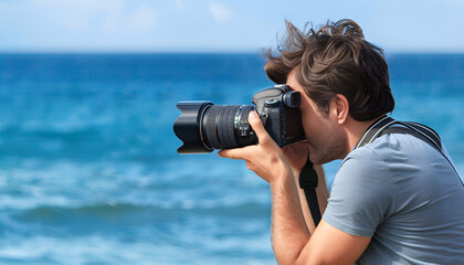 Obraz premium photographer taking photo with professional camera near sea