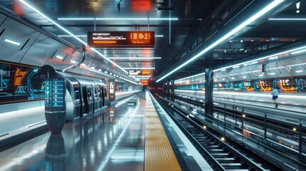 Obraz premium Futuristic Subway Platform with Digital Displays and Bright Lighting